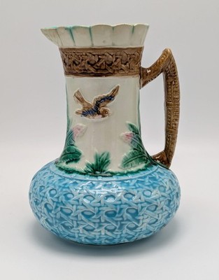 Antique Majolica Bird in Flight Banana Leaves Motif Pitcher