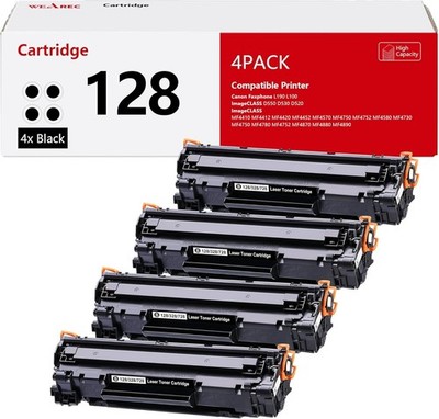 4-Packs 128 Black Wearec Toner Cartridge High Yield Replacement for CRG128 Canon