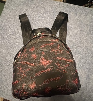 Ed Hardy Black & Red Small Backpack Leather Butterfly Design You Heart NWT