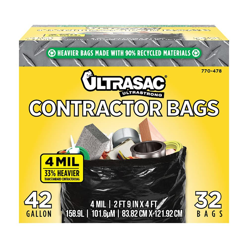 Extra Heavy Duty Contractor Bags - 42 gallons 4 Mil (32 Pack w/Ties) - 33