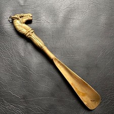 Vintage solid brass shoe horn lifter 24cm long w/ decorative Horse head handle