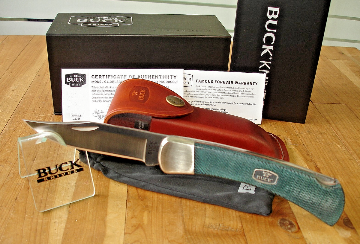 NIB BUCK KNIFE 110 BLSBOTM JAN 2026 BOS MAGNACUT BLADE DENIM & RED 