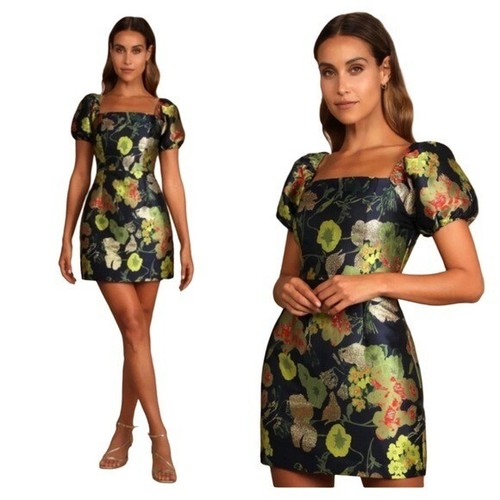 Lulus So Atemberaubendes Marineblau Blumen Jacquard Puffärmel Minikleid Party Neu mit Etikett Medium