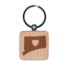 Connecticut State with Heart Engraved Wood Square Keychain Tag Charm