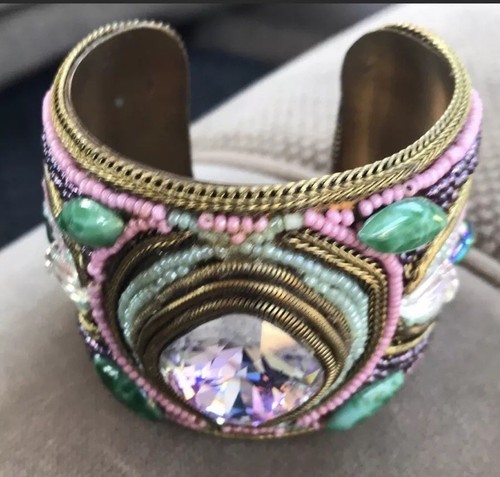 Vintage Rare Bracelet 1988 Signed M J Hansen Design Cuff Bracelet Glass Brass - Picture 3 of 6