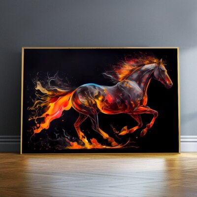 Running Horse with Burning Red Fire Abstract Animal Graffiti Art