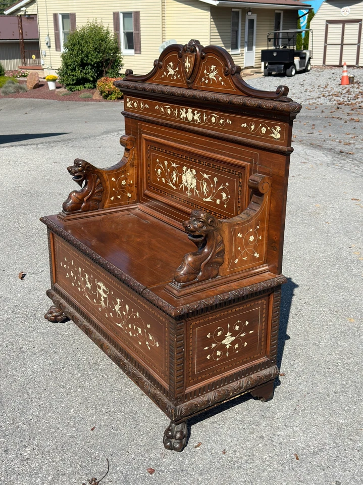 Antiguo banco victoriano Hall asiento leones incrustado años 1890 dragones querubines fino Foto 4 de 4