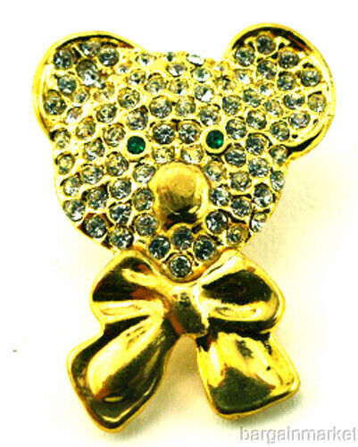 Teddy Bear Tie Tack Hat Lapel Pin Gold Tone with Crystal Rhinestone - Picture 1 of 3