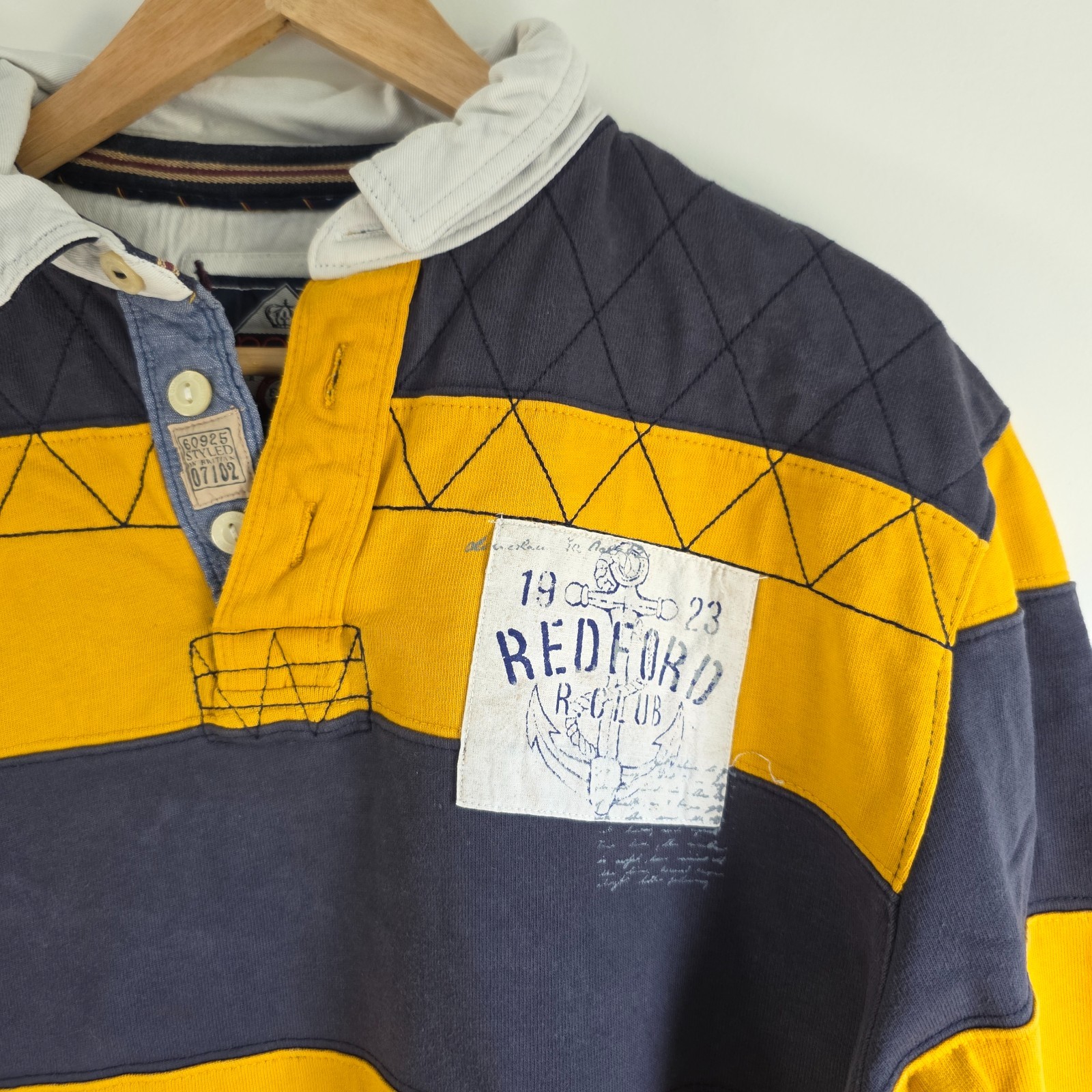 Next Rugby Shirt Mens XL Navy Mustard Stripe Varsity Preppy Long Sleeve Polo image 2