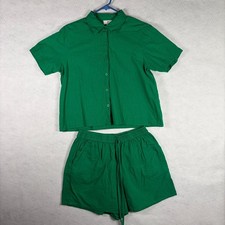 2 Piece Matching Set Women's Large Green Button Up Shirt Shorts Lounge