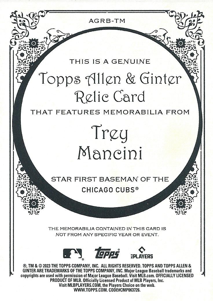 Trey Mancini 2023 Topps Allen and Ginter Relics Game Used Jersey Card view 2