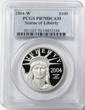 2004 W PROOF PLATINUM $100 AMERICAN EAGLE 1 OZ STATUE OF LIBERTY PCGS PR 70 DCAM 3150.00 per troy oz
