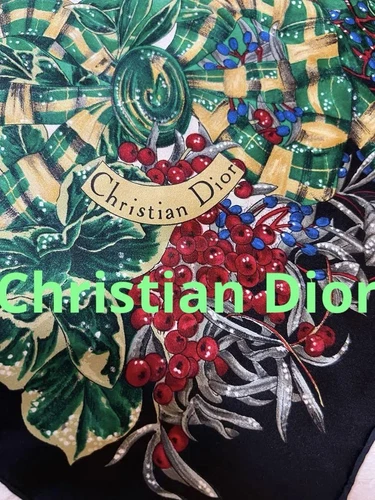 Foulard Christian Dior époque bulles en soie vert noir motif floral 86 cm x 86 cm