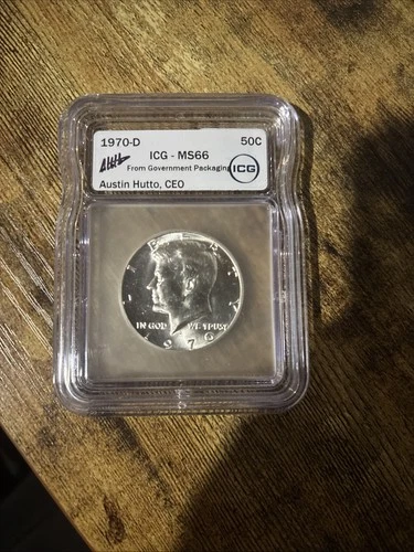 1970-D Kennedy Half Dollar 50c ICG MS66, Signed by Austin Hutto 40% Silver