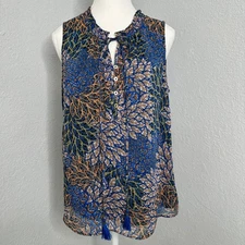 Daniel Rainn Lucy Floral Mockneck Tasseled Tank Top blue floral