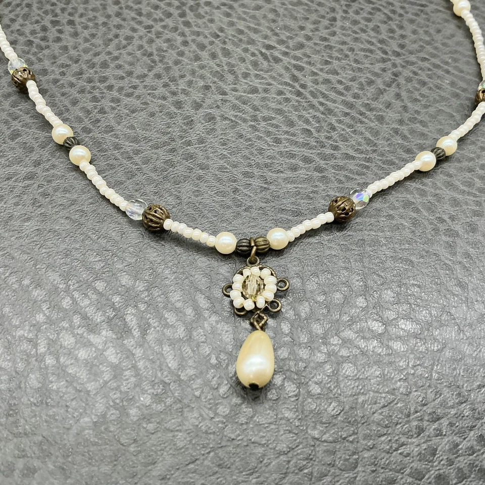 Collar Robert Rose Cuentas Imitación Perla Cristal Lágrima Colgante Tono Dorado 16" Foto 4 de 4