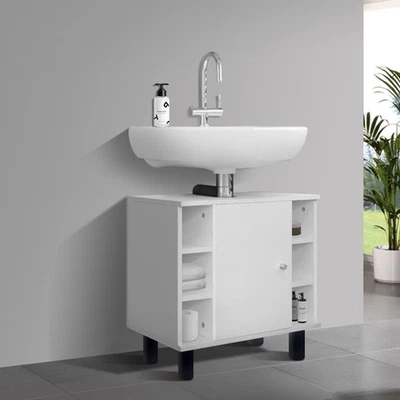 Meuble sous lavabo armoire rangement étagère placard sous-vasque blanc bois MDF - Photo 1/4
