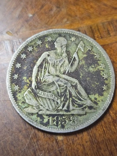 1858 O Seated Liberty Half Dollar 50c US Silver Coin Patina Toning Xf Det.