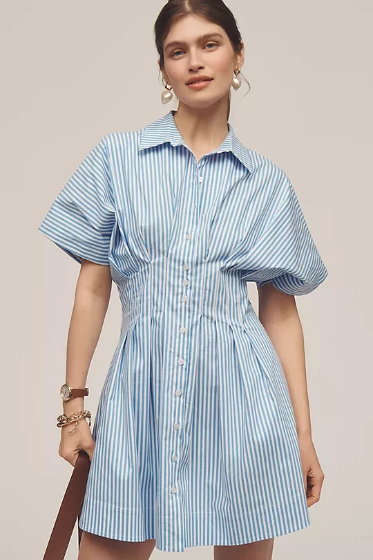 Anthropologie Exquise Tobie Button-Front Pleated Shirtdress Blue