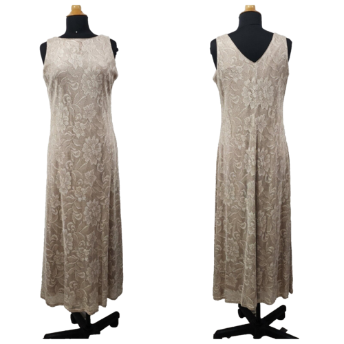 Vintage Harlow Nites Beige Gold Crochet Maxi Dress Sheer Lined V-Neck Size 16