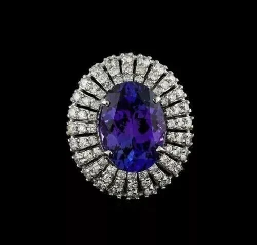 Anillo ovalado de 2,50 quilates con halo de tanzanita azul natural y moissanita de oro blanco sólido de 14 quilates Foto 3 de 4