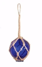 BLUE GLASS JAPANESE FISHING FLOAT NET BUOY NAUTICAL COASTAL CHRISTMAS ORNAMENT