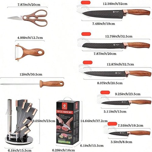 8 - Piece Kitchen Knife Set - Chef,Bread,Steak Knives,Ergonomic,Sharp,Black Gold - Picture 28 of 36
