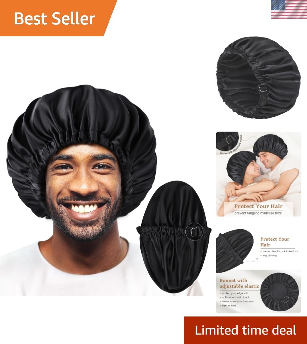 Bonnet for Men,Hair Bonnet for Sleeping,Double Layer Satin Bonnets for  Black Wo