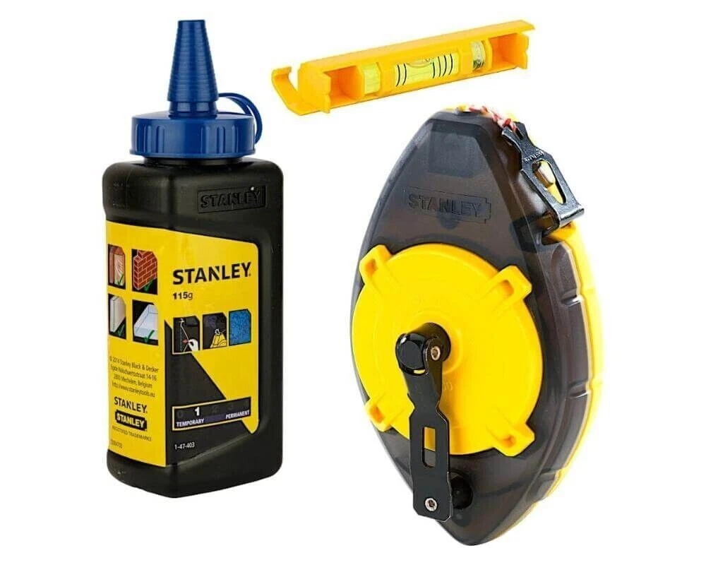 Stanley Power Winder 30m Chalk Line Reel & Mini Level + Blue Chalk 0-47-465