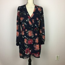 Lulu’s That’s A Wrap Dress Sz S Womans Navy Blue Floral Print Long Sleeve Lined