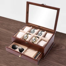 2 Layers Wooden Watch Box Storage Holder Case Organizer Jewelry Display Drawer