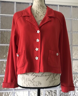 SWEET JESSIE Women's Red Jacket White Star Buttons 100% Cotton Pockets Size  L