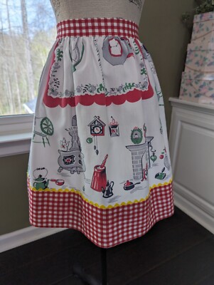 KITCHEN APRON from Up-Cycled VTG Tablecloth w/''OLD-FASHION KITCHEN''/Red Gingham