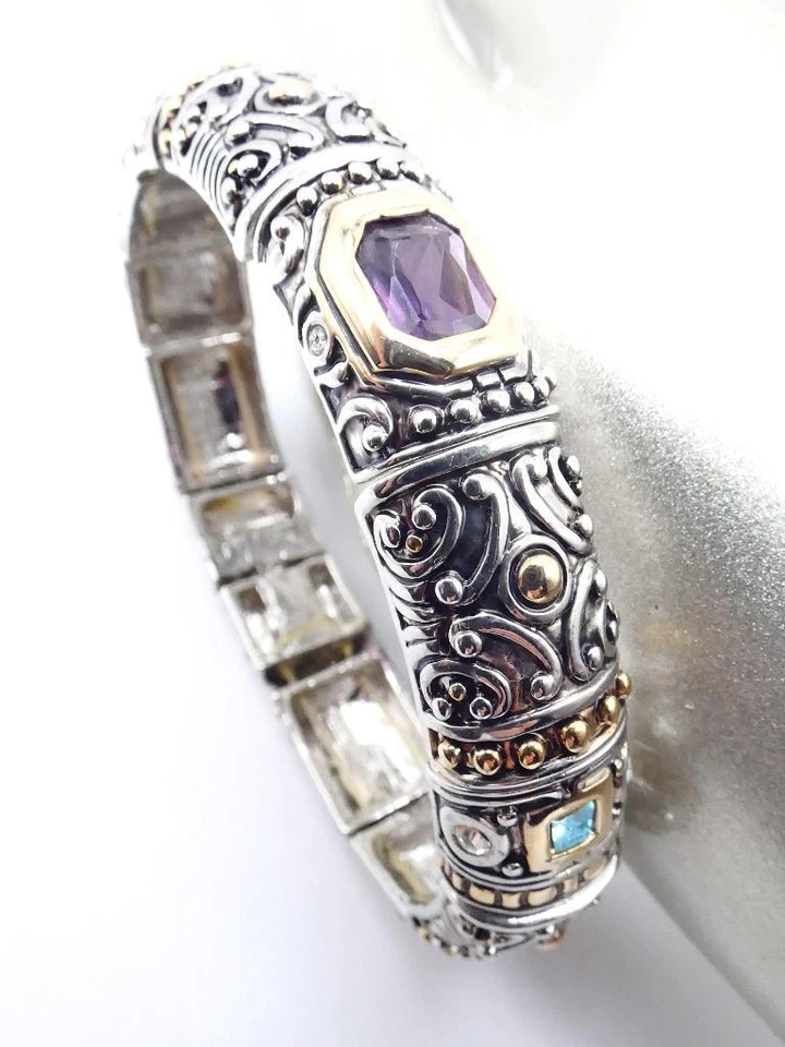 PRECIOSO Brazalete de Diseñador BALINESE Plateado Chapado en Oro Púrpura Cristales Azules Foto 4 de 4