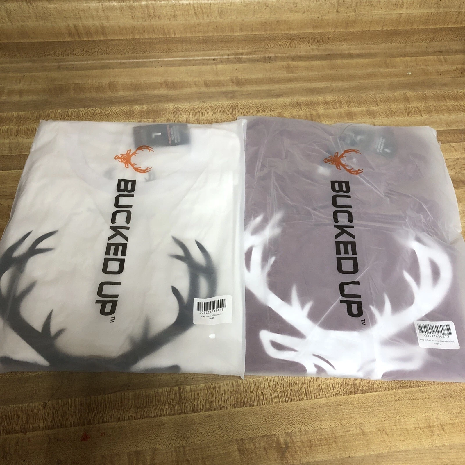 2 Pack Bucked Up Men’s Flag T Shirt Heather Maroon/White/Black Logo Size L New
