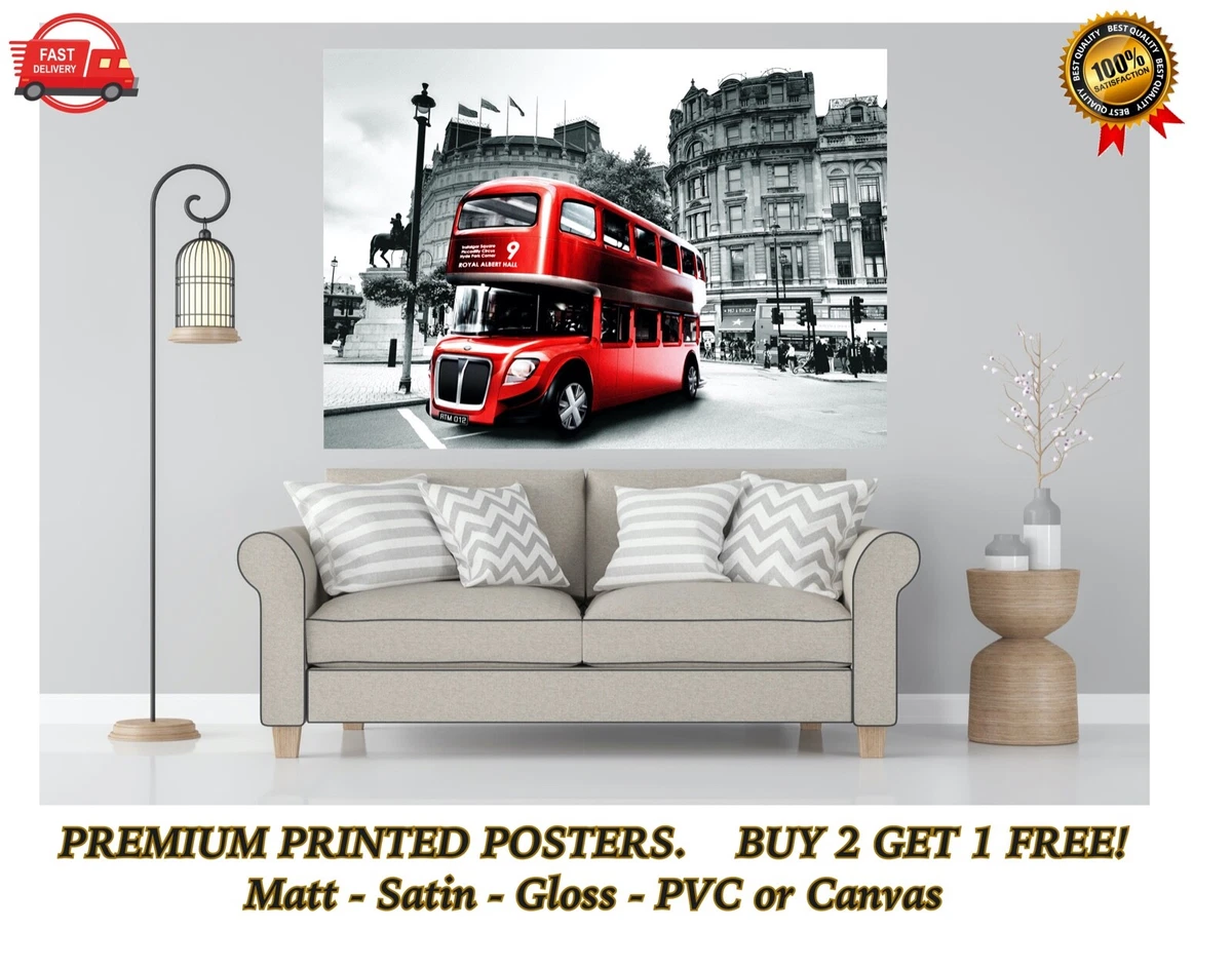 London Bus Black Red and White Cityscape Art Large Poster Print