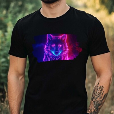 T-Shirt Herren Neonlicht Wolf Motiv Baumwolle Größe XS bis 5XL