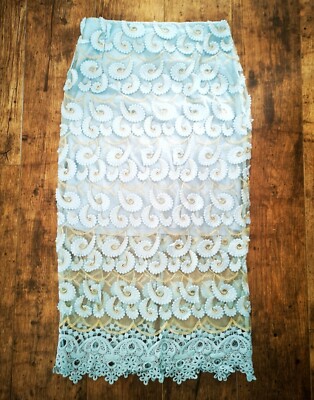 River Island Blue Crochet Lace Midi Pencil Skirt size UK EU 34