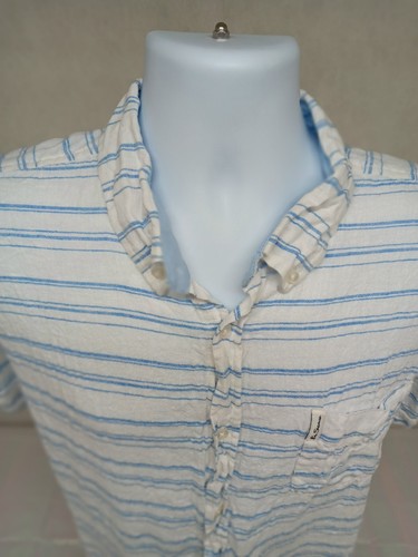 Ben Sherman Mens Shirt 2XL Fits Medium White Blue Striped Linen Blend Shirt - Picture 3 of 14