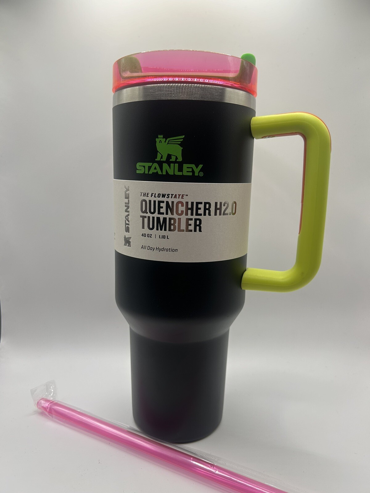 Stanley Tumbler 40 oz Flowstate Quencher H2.0 BLACK NEON SPRING FLING PINK NEW