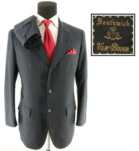 Southwick Men's Gray Pinstripe Tailored 100% Summer Wool Flat Front Suit Sz 40R