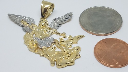 GOLd St Saint San Michael Miguel pendant 14k yellow White Necklace 2.10“ BiG - Picture 13 of 14