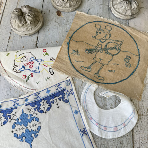 Antique Mickey Mouse embroidery French Fabric Project Bundle linen, ticking, an - 第 1/8 張圖片