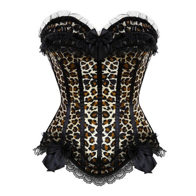 Sexy Satin Lace Overlay Corsets Bustiers  Leopard Overbust Corselet Lingerie Top