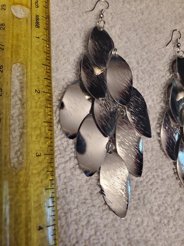 Jewelry, Costume, Earrings, Silver Leaves, 3 in. long - Picture 2 of 3
