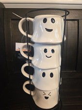 WAY TO CELEBRATE Halloween STACKING GHOST Mugs w/ WIRE RACK Cups NEW
