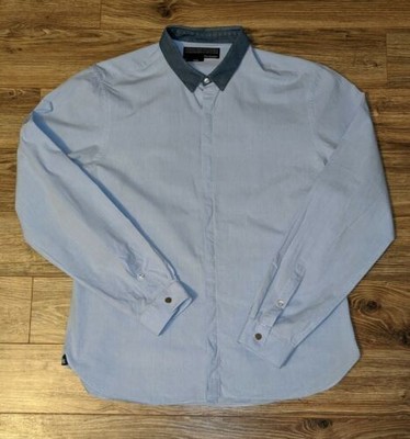 The Kooples Men's Light Blue Fitted Button Up Blue Contrasting Collar, Size XL