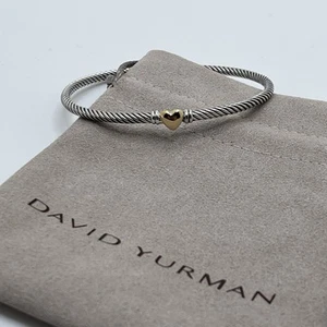 David Yurman Classic Cable 3mm Sterling Silver 18k Gold Heart Station Bracelet