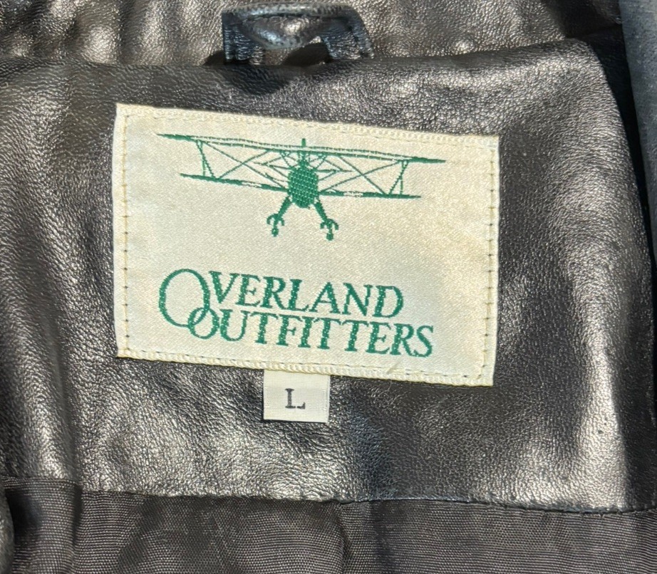Vintage Black Leather  Overland Outfitters Trench Coat Size L Button Belt USA image 2