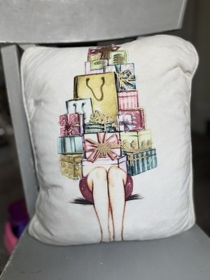 Holiday Christmas Throw Pillow Woman w/ Presents Gifts Fashion Festive 16x13 in